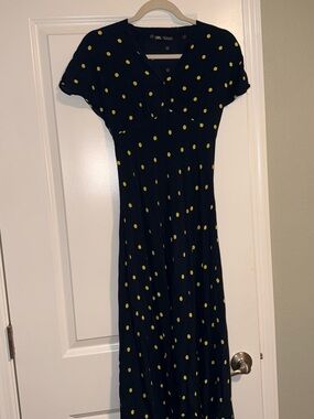 Zara Navy Midi Dress with Lime Polka Dots